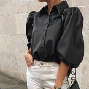 ZARA Black Faux Leather Puff Sleeve Button Front Top Blouse Jacket Size XS